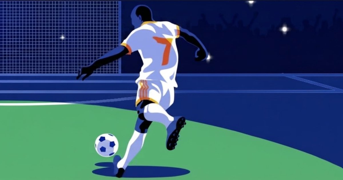 Illustration of a footballer striking a ball in a stadium